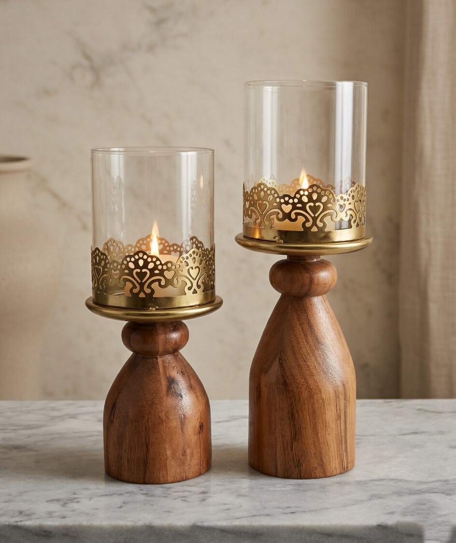 Elegant Wooden Candle Holder (Set of 2)