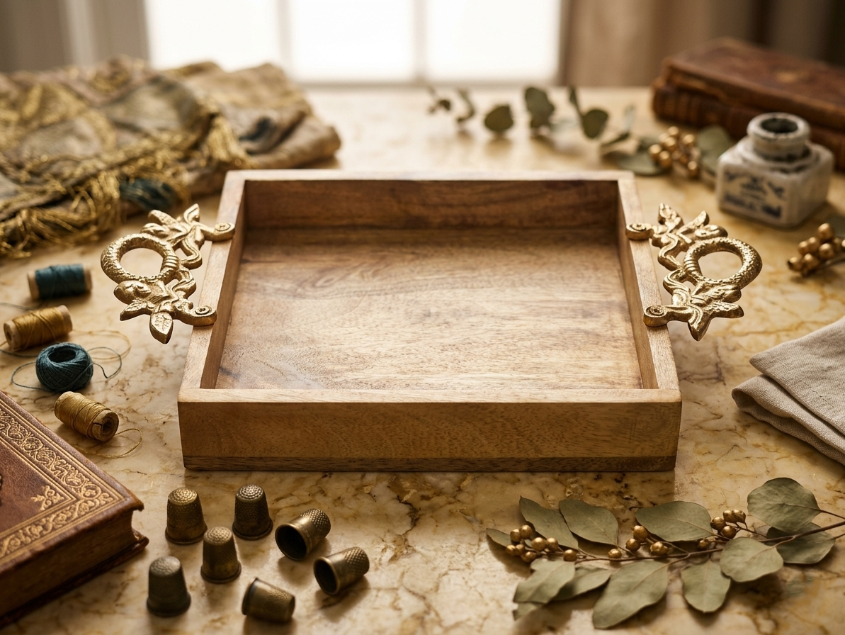 Wooden Serving Tray with Ornate Handles