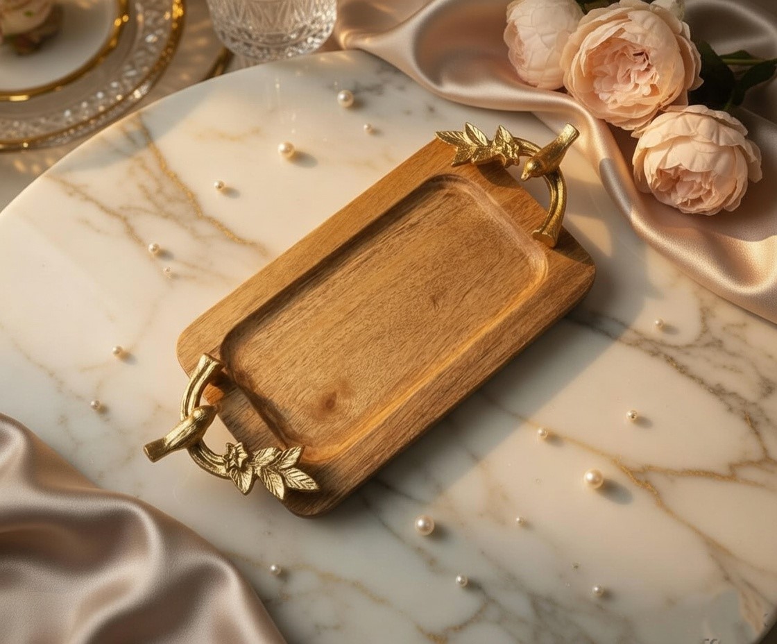 Wooden Serving Tray with Golden Bird Handles