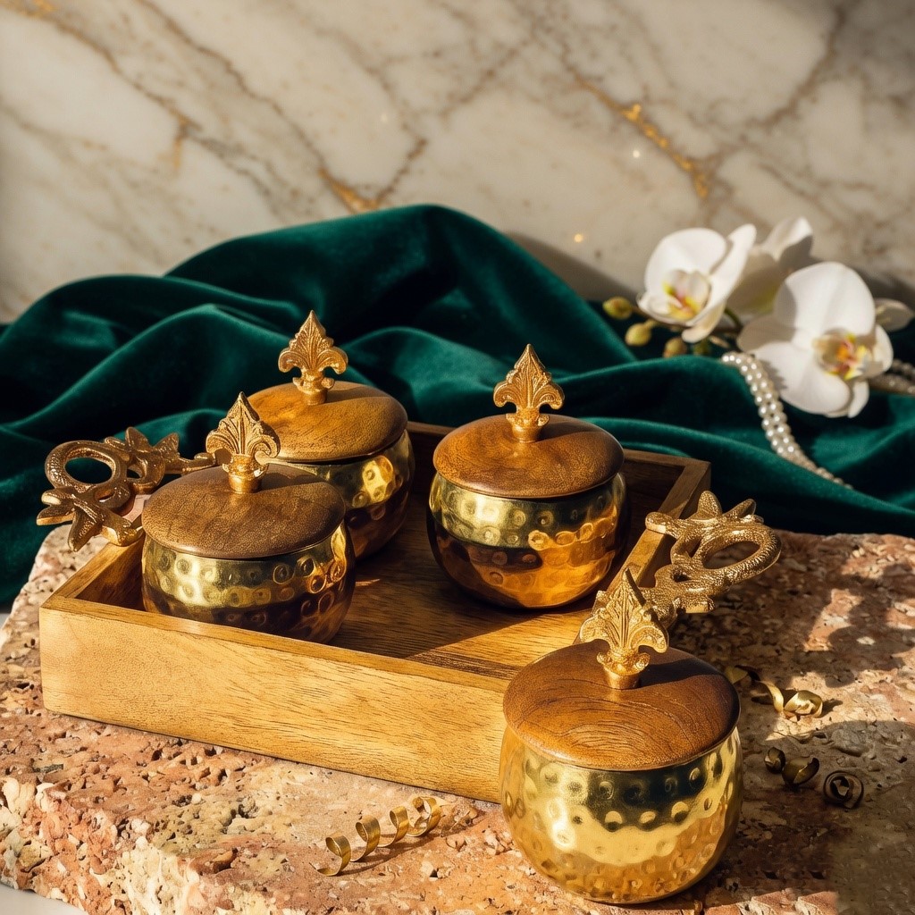 Wooden Tray with Golden jars