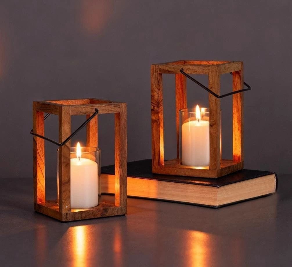 Set of 2 wooden lanterns with glass tubes.