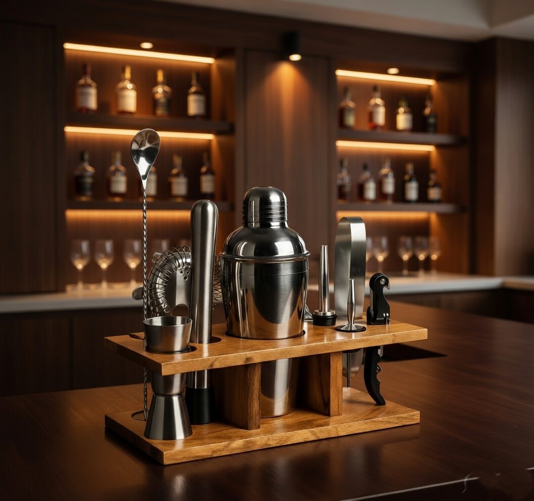 Premium Bartender Kit with Wooden Stand