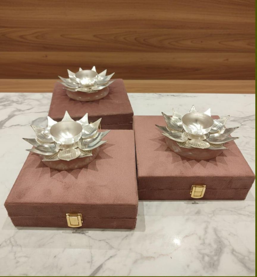 Silver Lotus Diya with Velvet Box