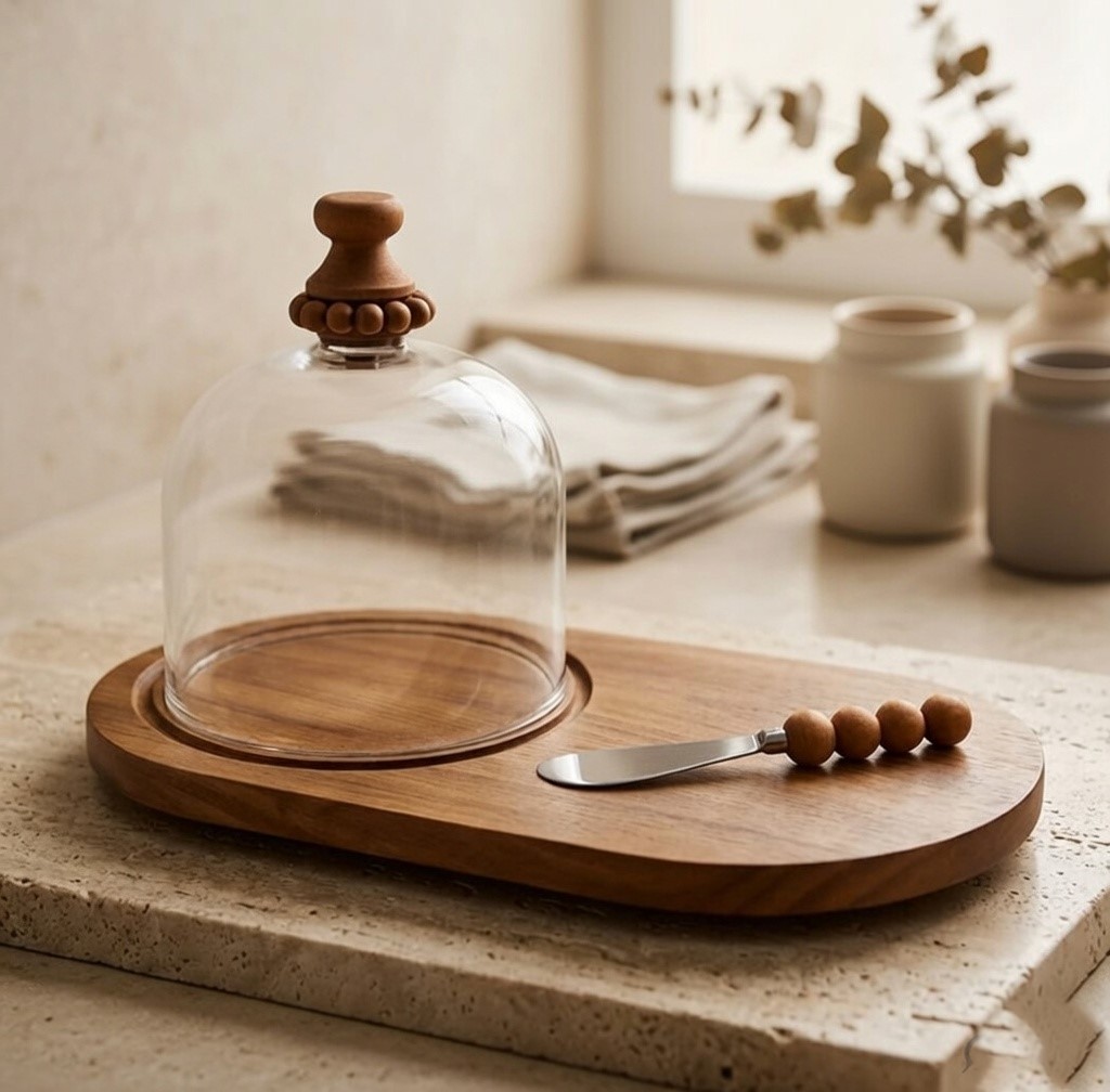 Wooden serving platter with cloche and knife