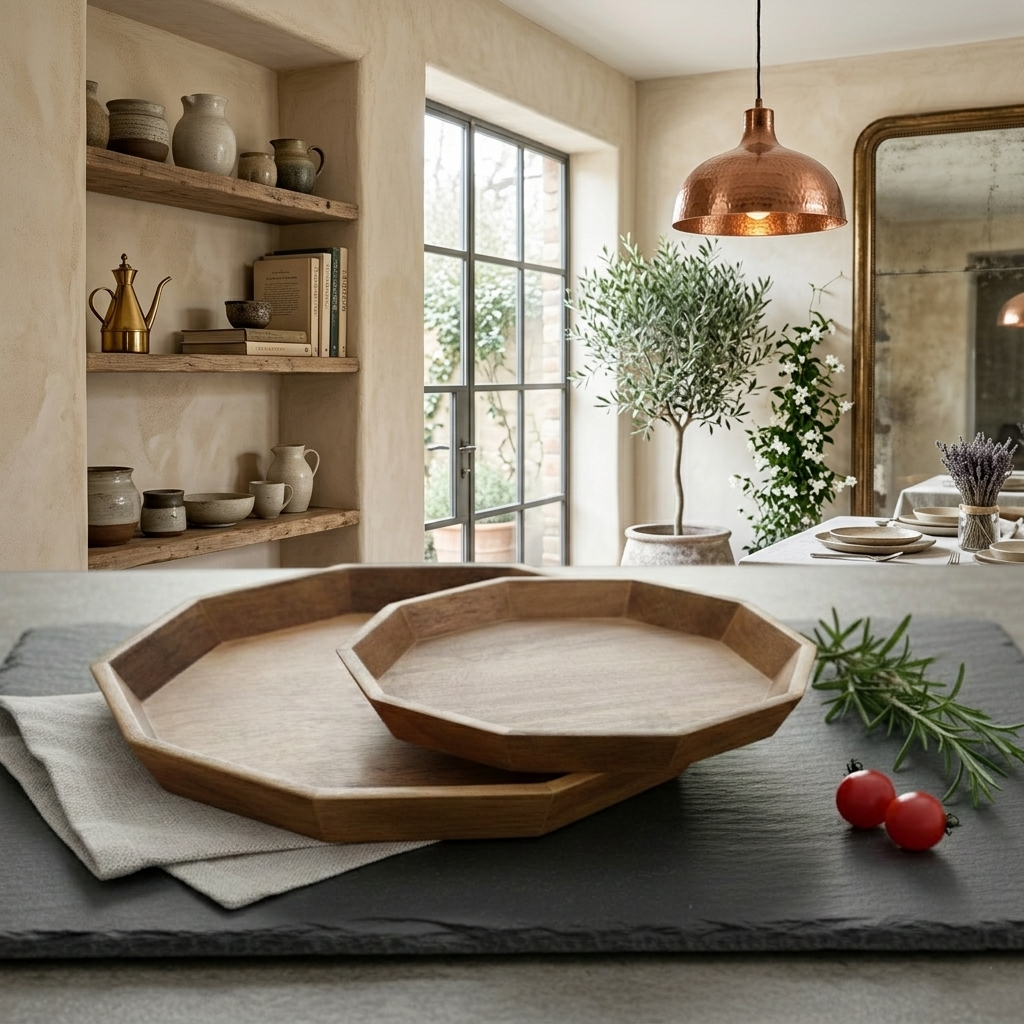 Octagonal Wooden Serving Tray Set