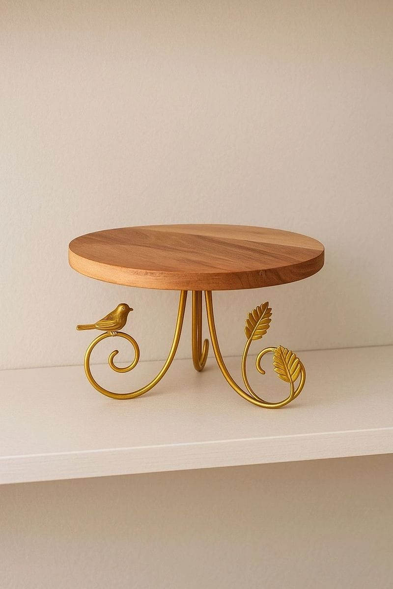 Wooden Cake Stand with Gold Bird Detailing