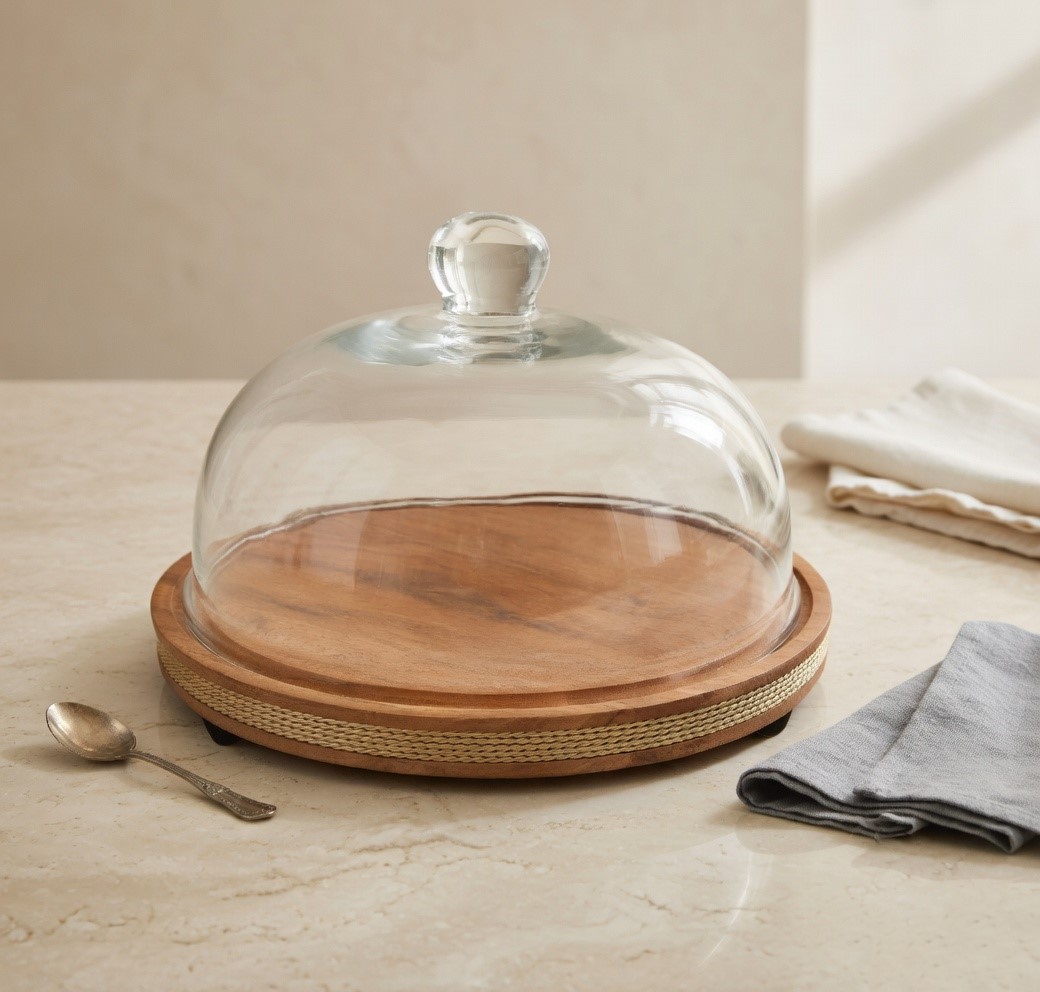 Rustic Cake Dome With Golden Wire on Wooden Base