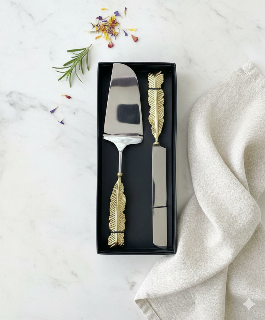 Gold Feather Cake & knife Spatula