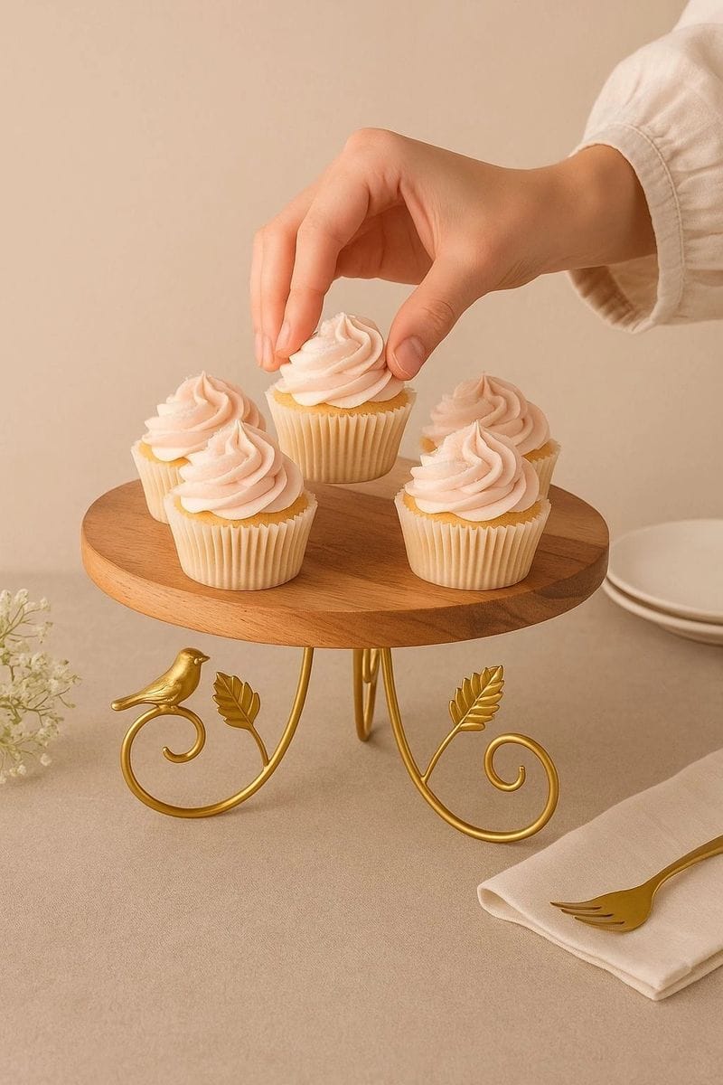 Wooden Cake Stand with Gold Bird Detailing