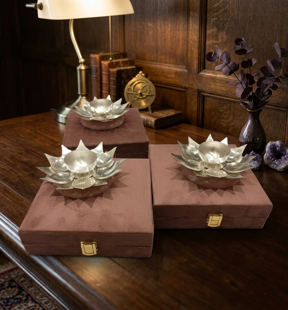 Silver Lotus Diya with Velvet Box