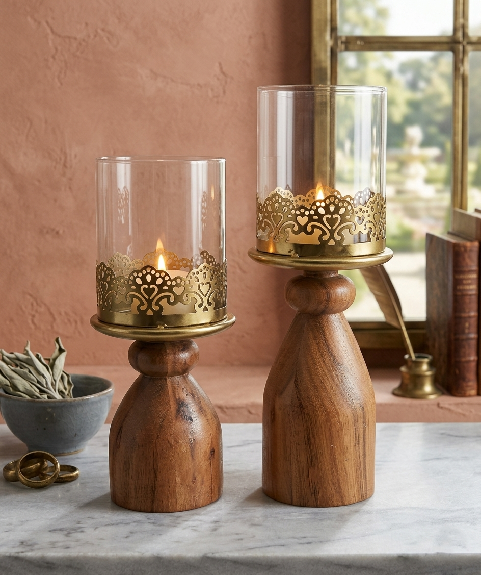 Elegant Wooden Candle Holder (Set of 2)