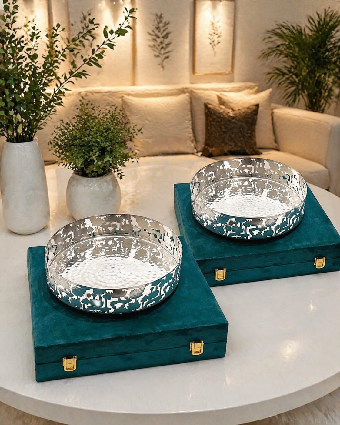 Round Silver Tray with Laser cut design with Velvet box