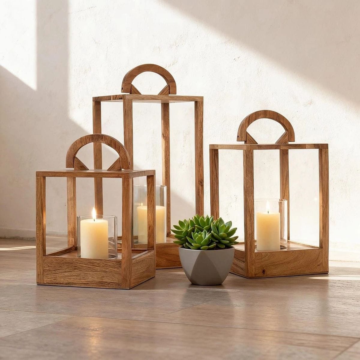 Set of 3 wooden floor lanterns with glass tubes.