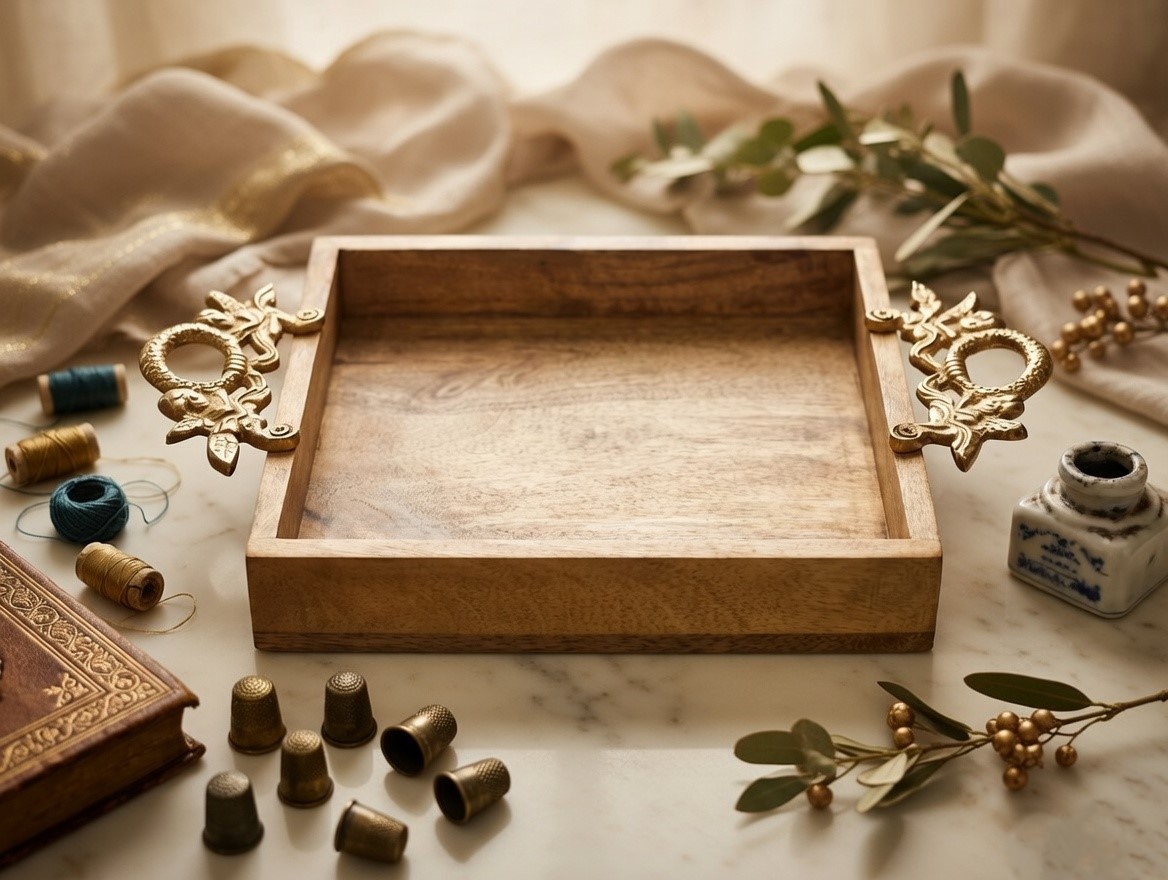 Wooden Serving Tray with Ornate Handles