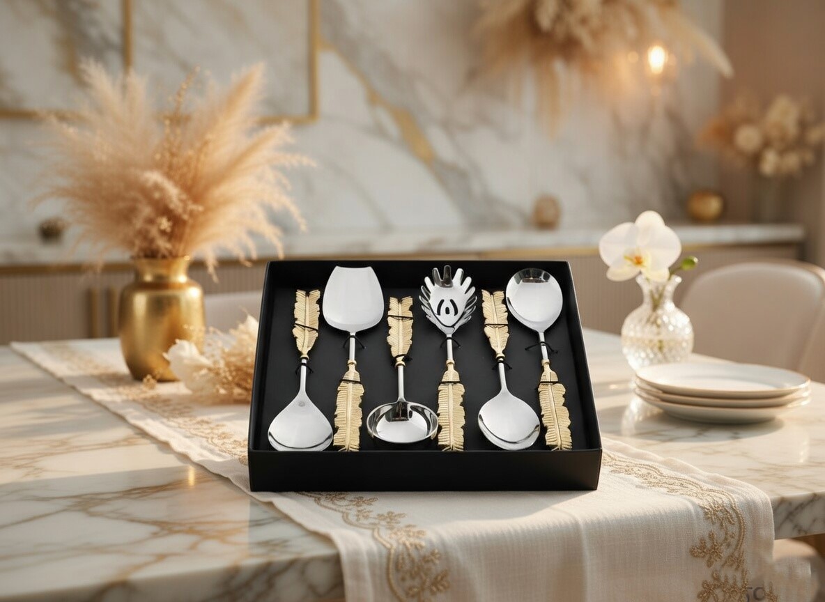 Luxury Gold Feather Handle Serving Spoon Set