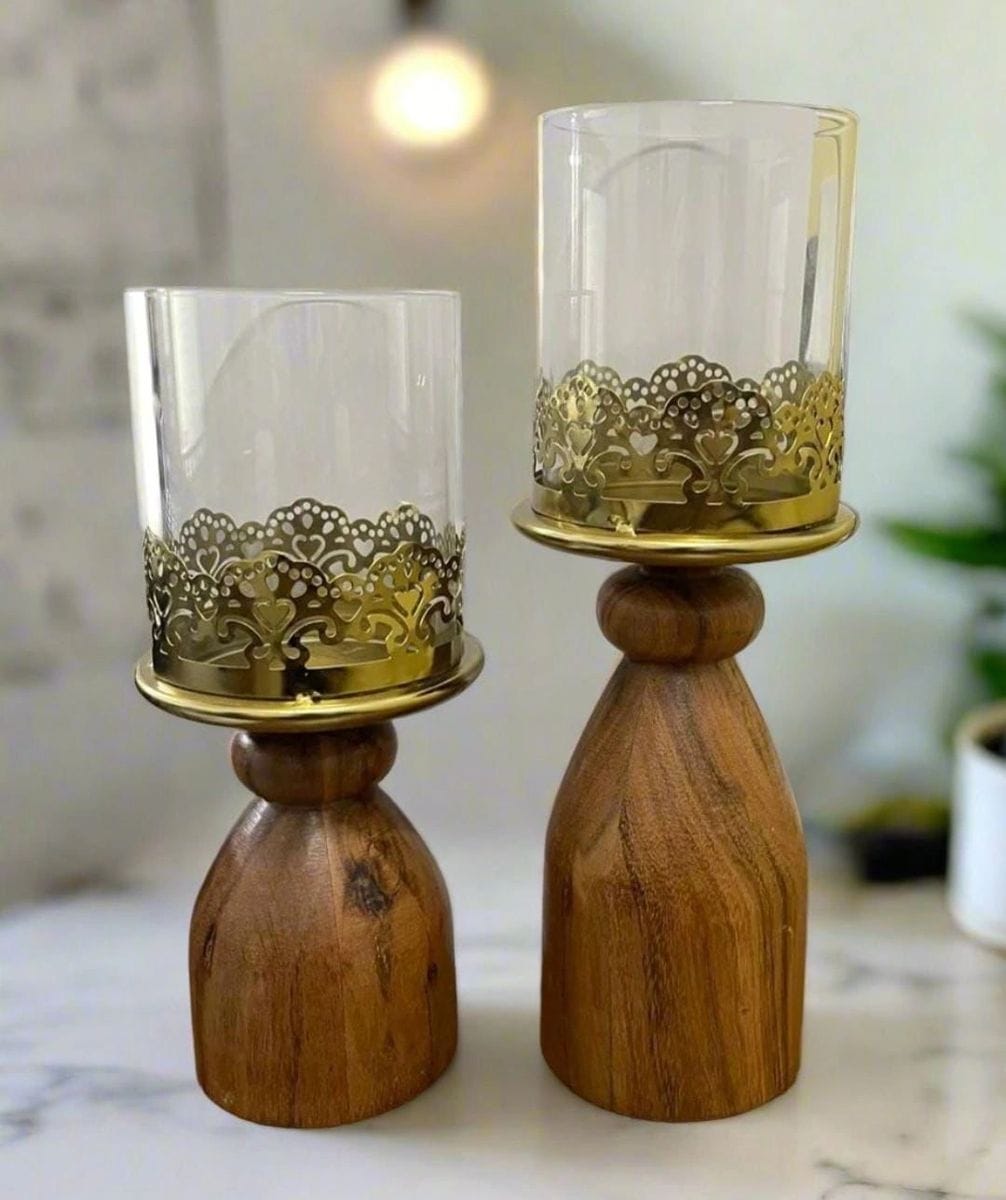 Elegant Wooden Candle Holder (Set of 2)
