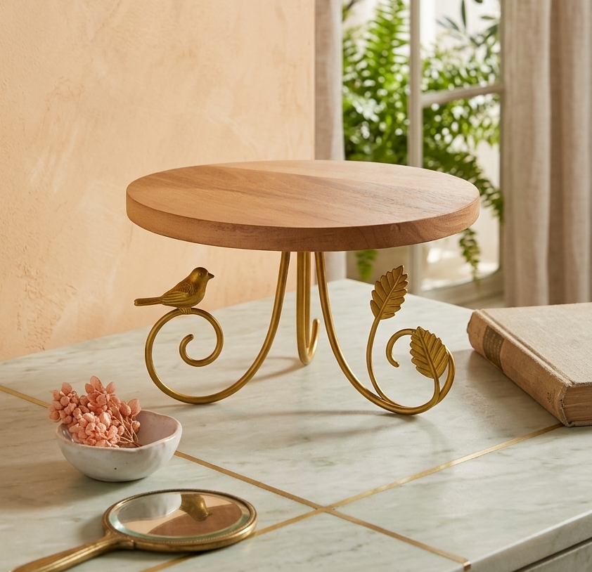 Wooden Cake Stand with Gold Bird Detailing