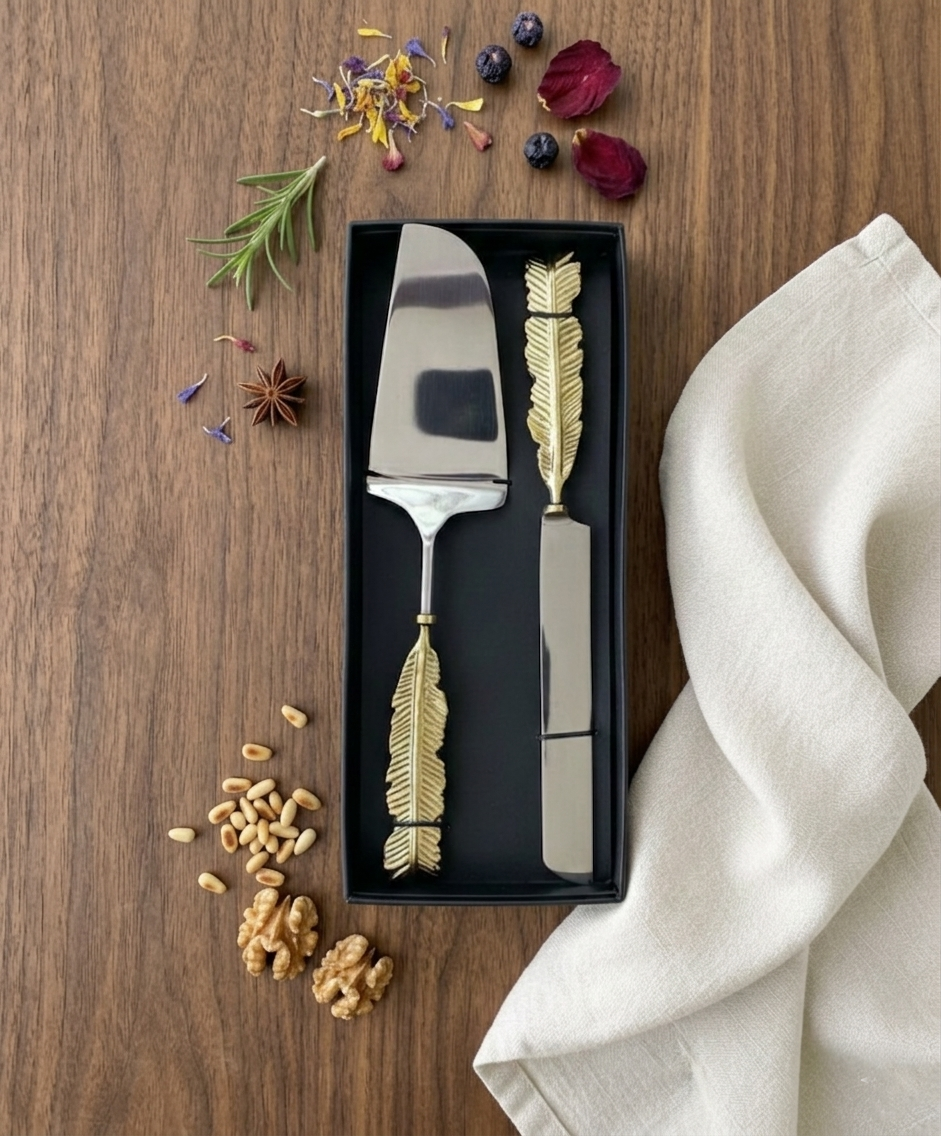Gold Feather Cake & knife Spatula