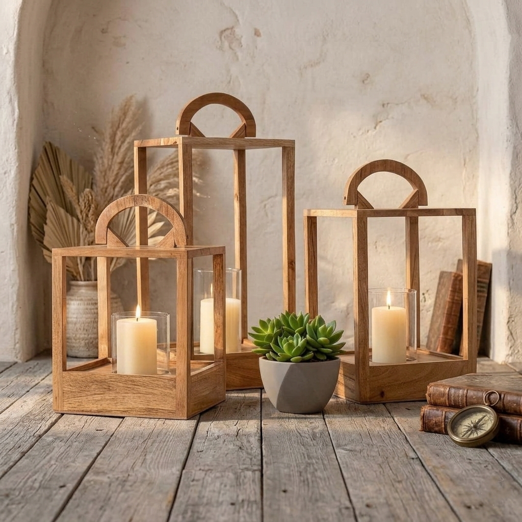 Set of 3 wooden floor lanterns with glass tubes.