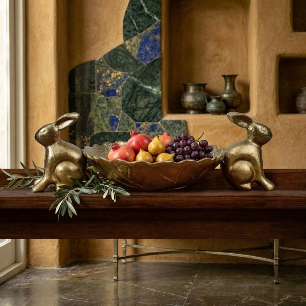 Gold Rabbit Platter Fruit Serving Bowl 