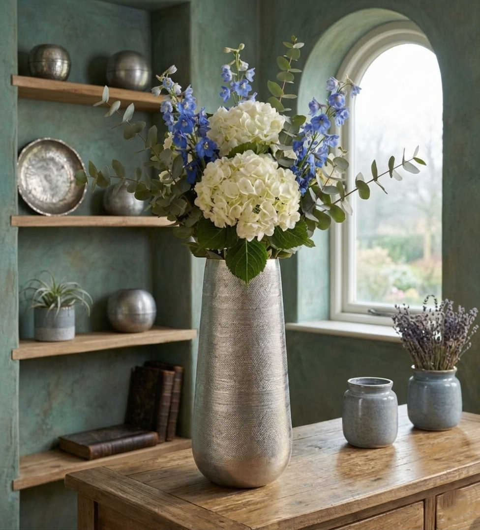 Self textured aluminium vase.