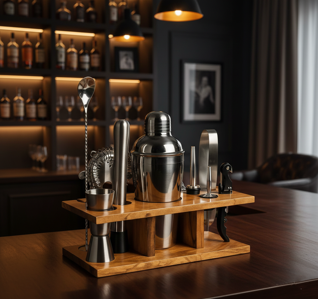 Premium Bartender Kit with Wooden Stand