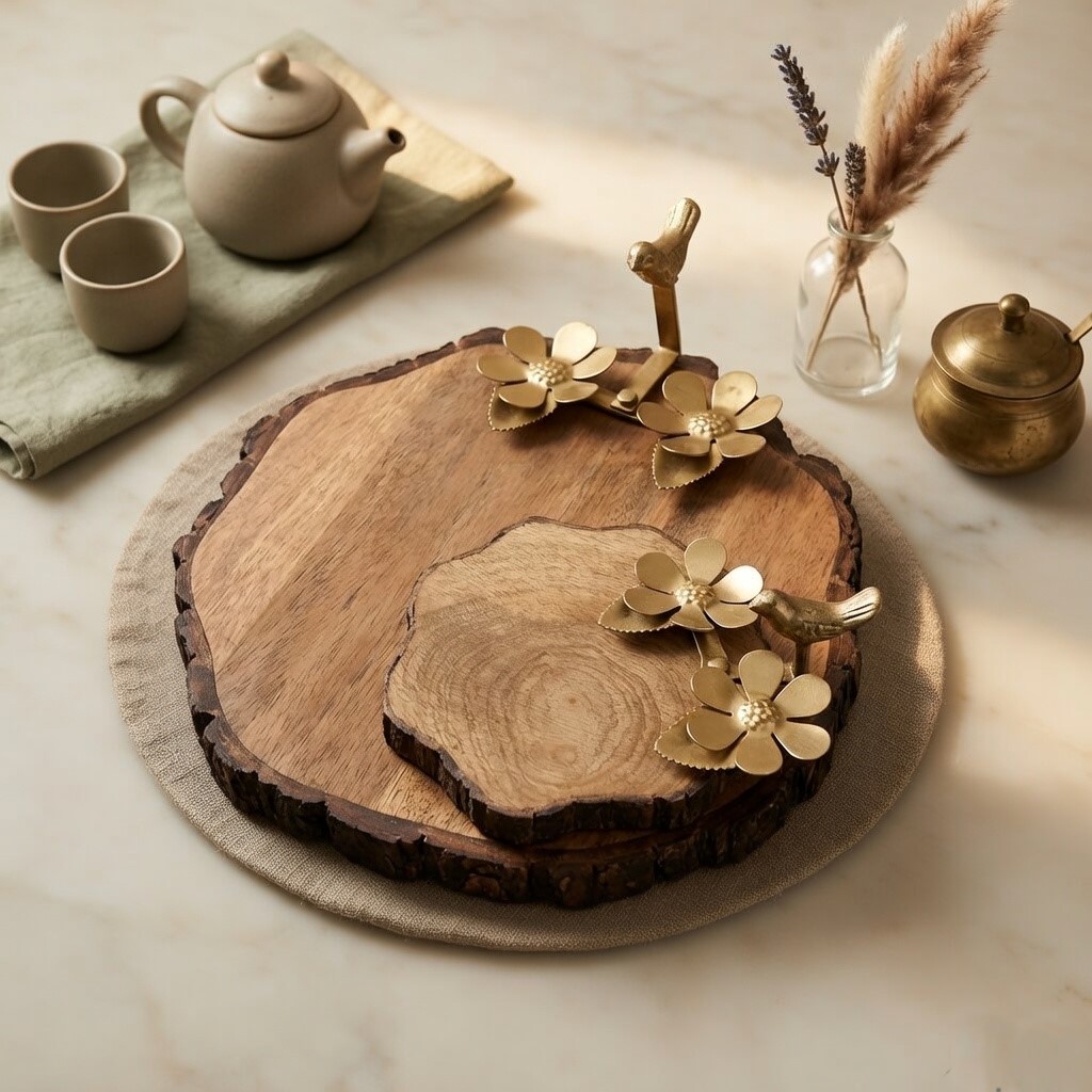 Wooden Serving Platter with Metal Floral Handles