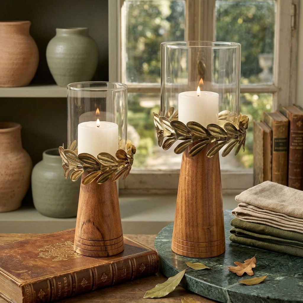 Wooden and Glass Candle Holders (Set of 2)