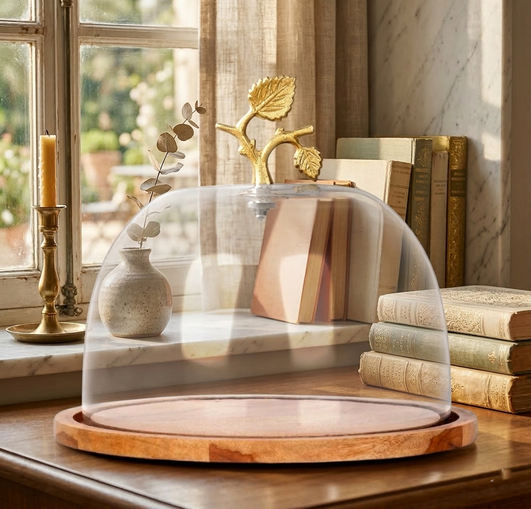 Glass Cloche with Wooden Base