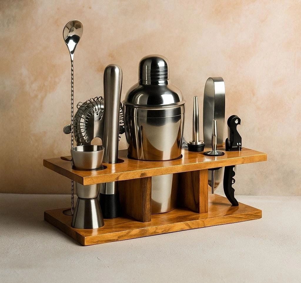Premium Bartender Kit with Wooden Stand