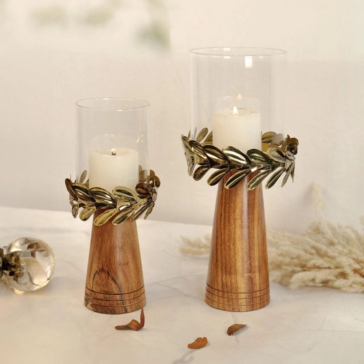 Wooden and Glass Candle Holders (Set of 2)