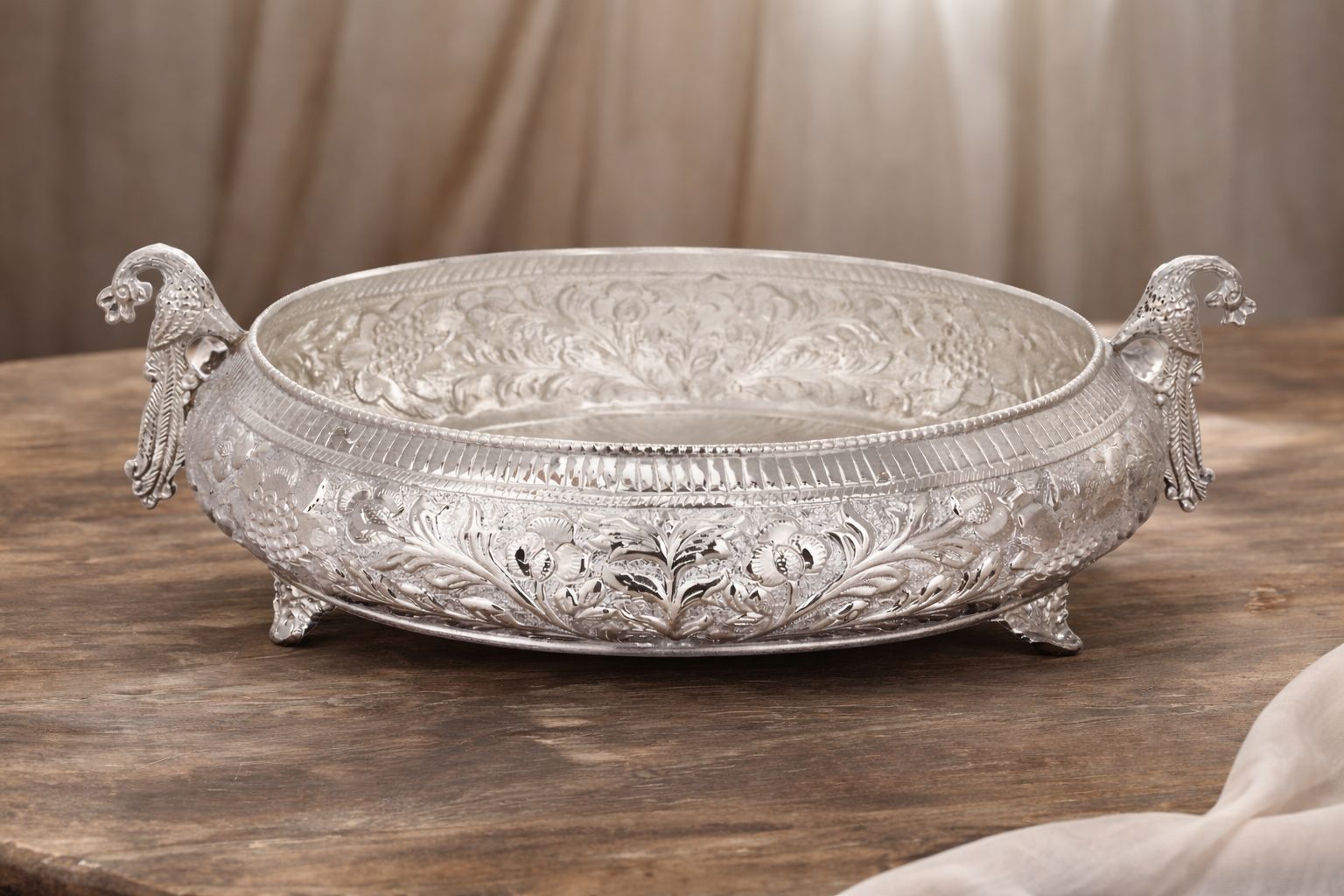 Silver Urli Bowl with Peacock handle Design 