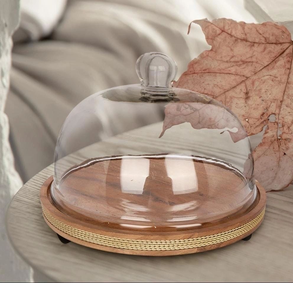 Rustic Cake Dome With Golden Wire on Wooden Base