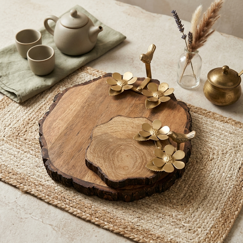 Wooden Serving Platter with Metal Floral Handles