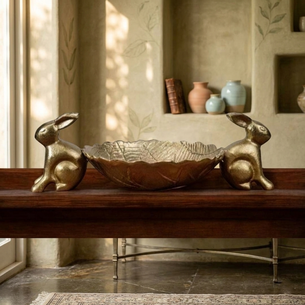 Gold Rabbit Platter Fruit Serving Bowl 