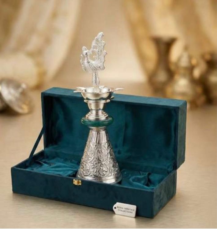 Silver Peacock Diya with Velvet box