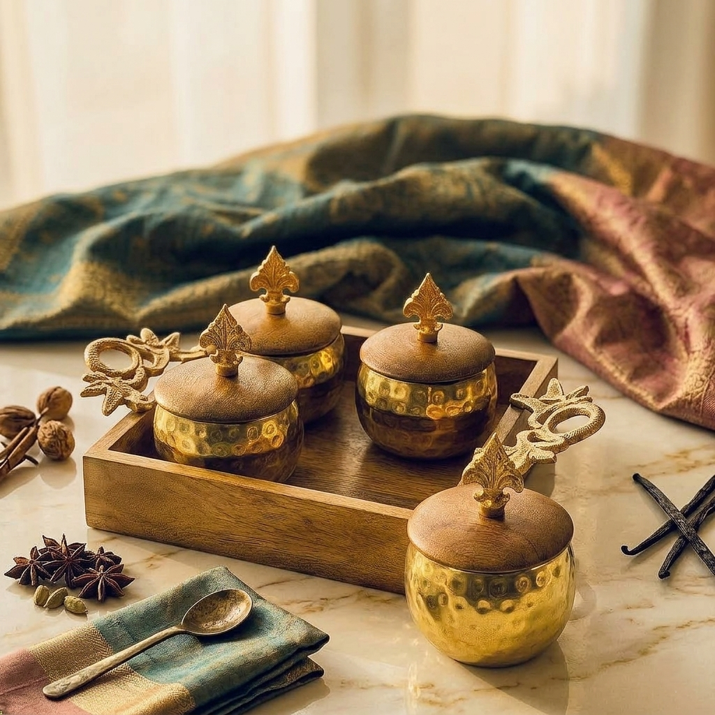 Wooden Tray with Golden jars