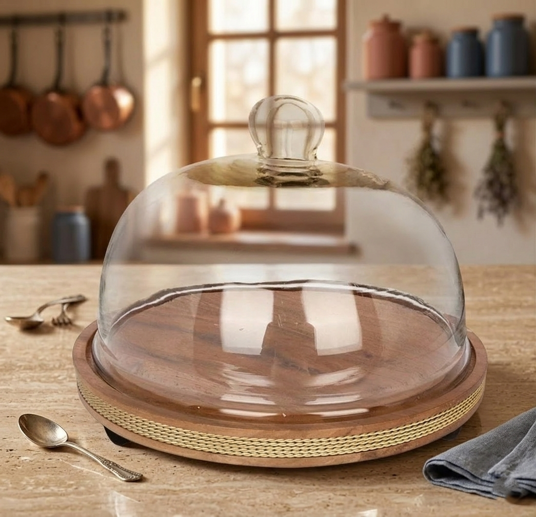Rustic Cake Dome With Golden Wire on Wooden Base