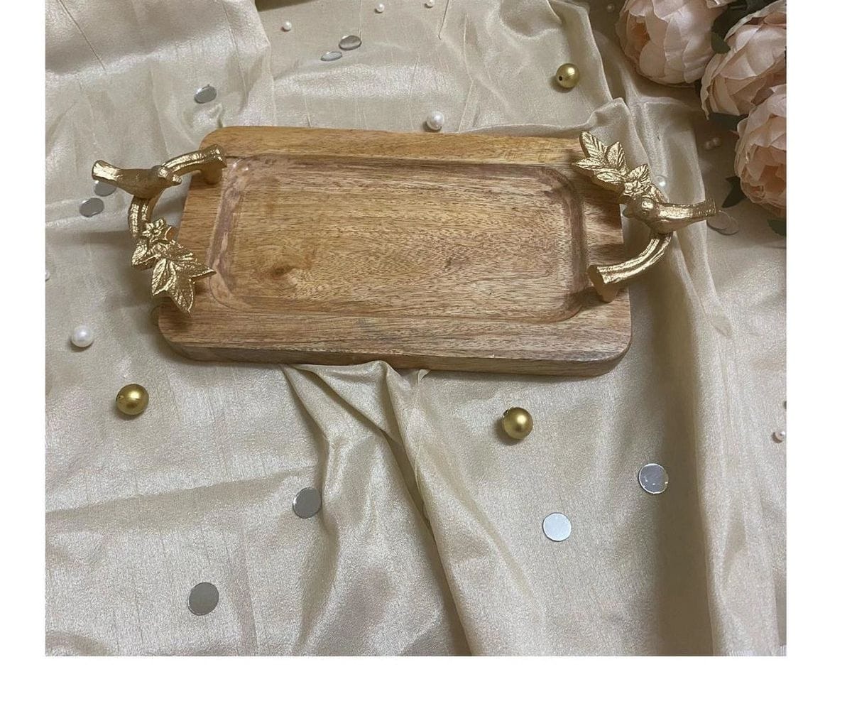 Wooden Serving Tray with Golden Bird Handles