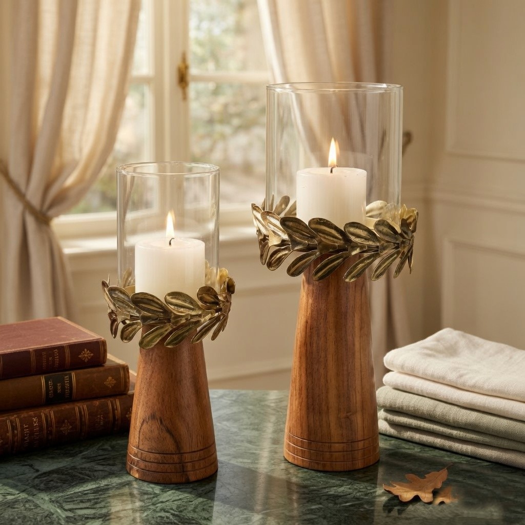 Wooden and Glass Candle Holders (Set of 2)