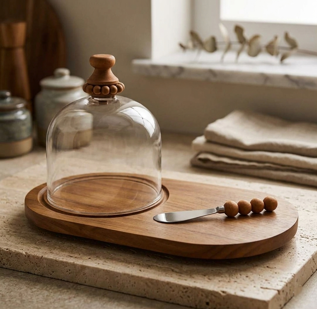 Wooden serving platter with cloche and knife
