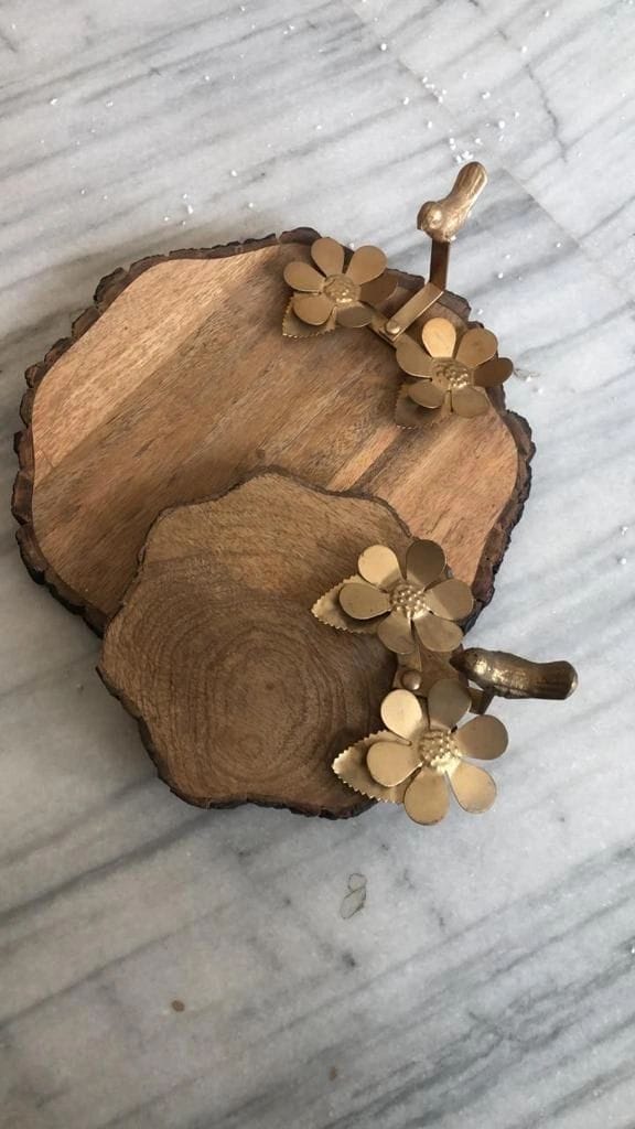 Wooden Serving Platter with Metal Floral Handles