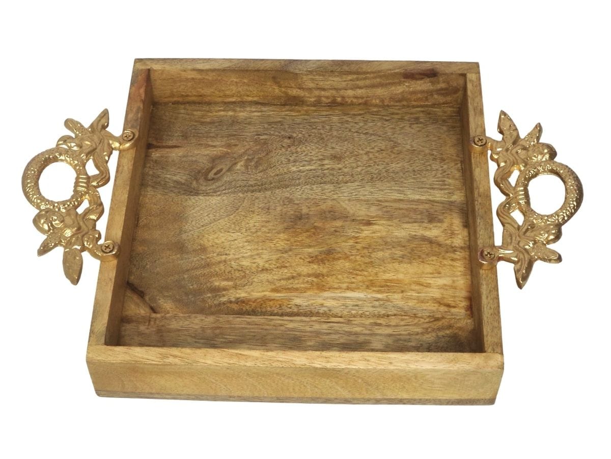 Wooden Serving Tray with Ornate Handles