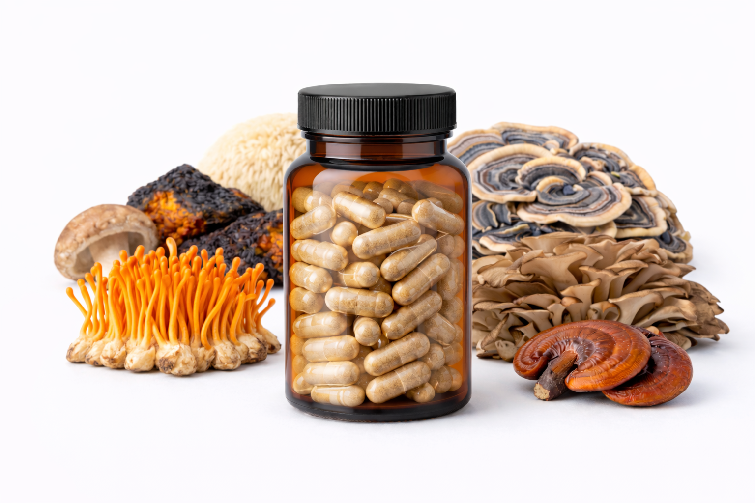 1 caja con 24 frascos plástico con 90 capsulas de 500mg. por frasco 7 Hongos