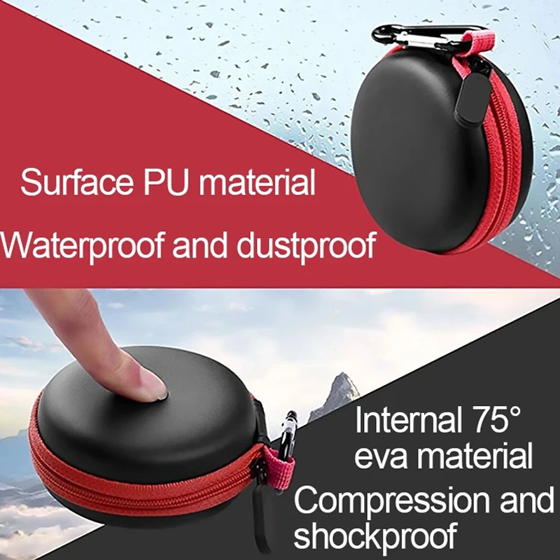 Customized Round Shape Black PU EVA Earphone Case With Red Zipper Fabric And Metal Hook