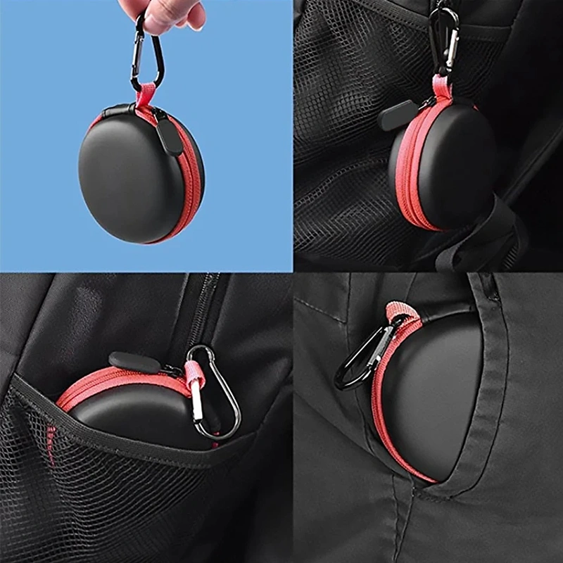 Customized Round Shape Black PU EVA Earphone Case With Red Zipper Fabric And Metal Hook