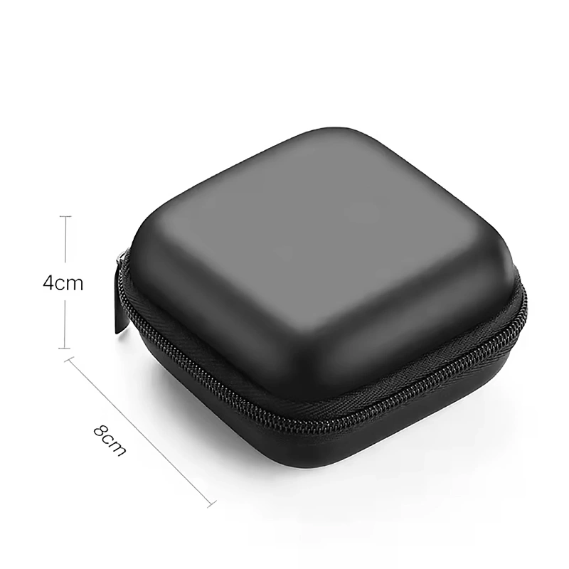 Customized Square Shape Black PU EVA Earphone Case Supplier With Metal Hook