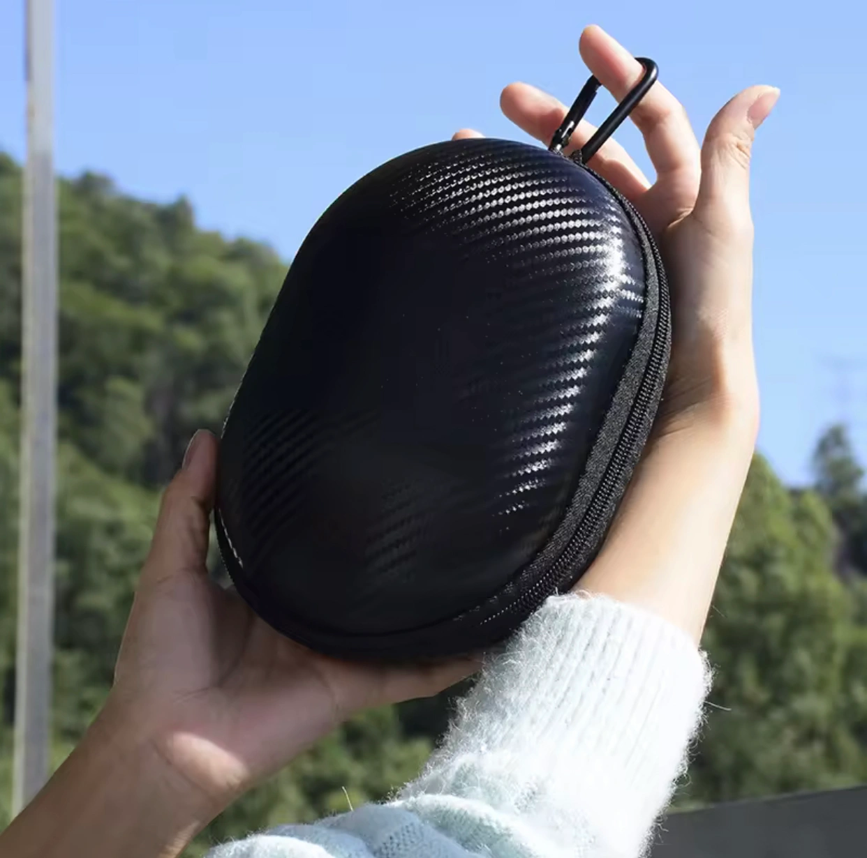 Custom Oval Shape Carbon Fiber Texture EVA Headphone Case | Rigid Protective Travel Carrying Bag for Folding Over-Ear Headphones
