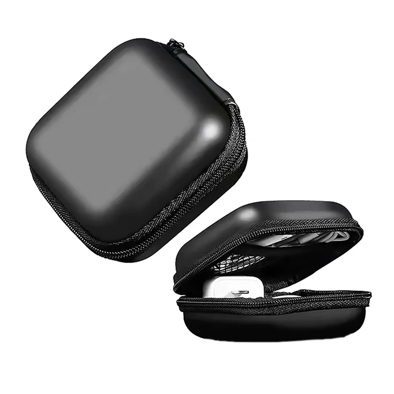 Customized Square Shape Black PU EVA Earphone Case Supplier With Metal Hook