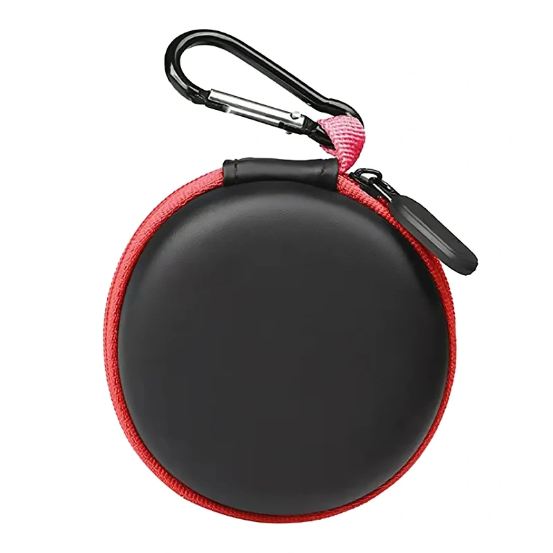 Customized Round Shape Black PU EVA Earphone Case With Red Zipper Fabric And Metal Hook